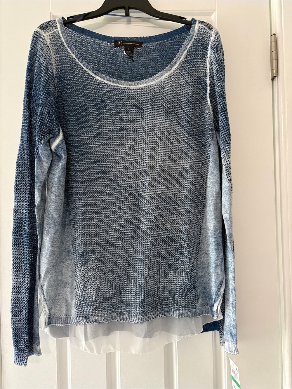 INC International Concepts Blue Ombre Knit Scoop Neck Sweater with Sheer Layer